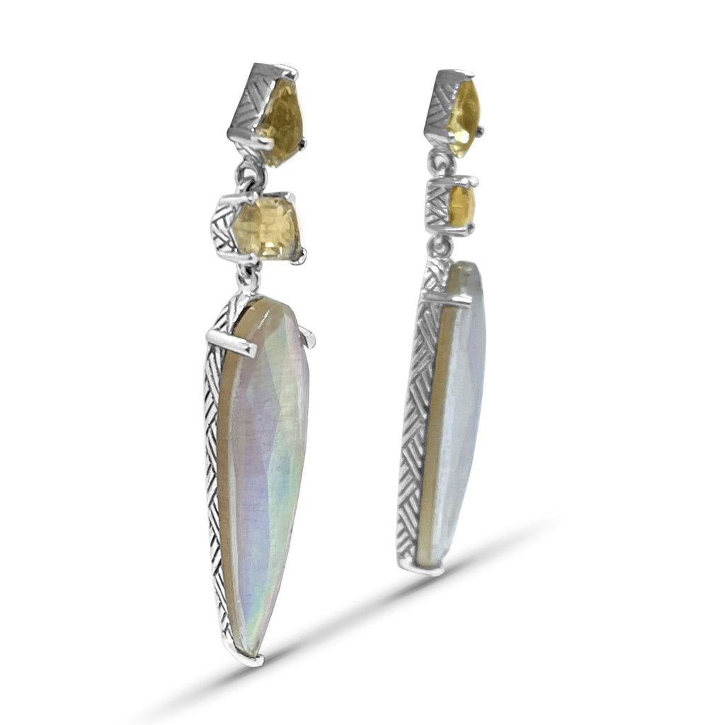 Galactical Champagne and Natural Quartz Mother of Pearl and Sunstone Earrings in Sterling Silver