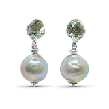 Galactical Freeform Green Amethyst and Silver Baroque Pearl Drop Earrings in Sterling Silver