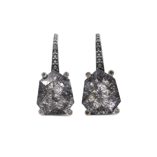 Galactical Black Tourmalated Quartz and Champagne Diamond Galactical Earrings in Sterling Silver