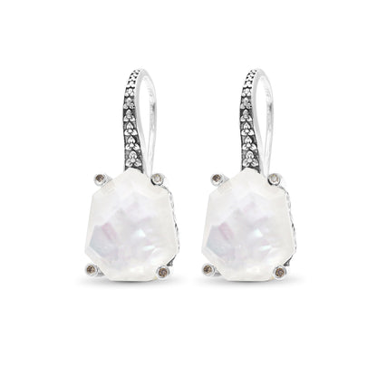 Galactical Crystal Quartz Over White Mop Galactical Earrings in Sterling Silver with Diamonds