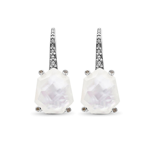 Galactical Crystal Quartz Over White Mop Galactical Earrings in Sterling Silver with Diamonds