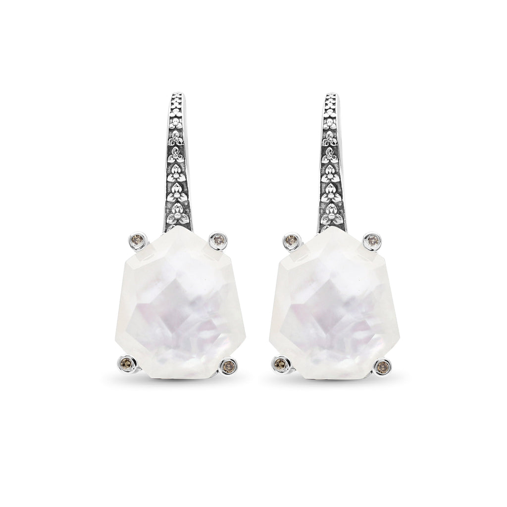 Galactical Crystal Quartz Over White Mop Galactical Earrings in Sterling Silver with Diamonds