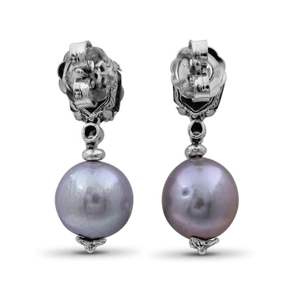 Galactical Black Hair Rutilated Quartz Baroque Pearl and Diamond Drop Earring in Sterling Silver