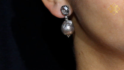 Galactical Black Hair Rutilated Quartz Baroque Pearl and Diamond Drop Earring in Sterling Silver