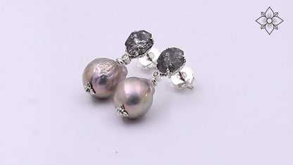 Galactical Black Hair Rutilated Quartz Baroque Pearl and Diamond Drop Earring in Sterling Silver