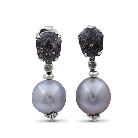Galactical Black Hair Rutilated Quartz Baroque Pearl and Diamond Drop Earring in Sterling Silver