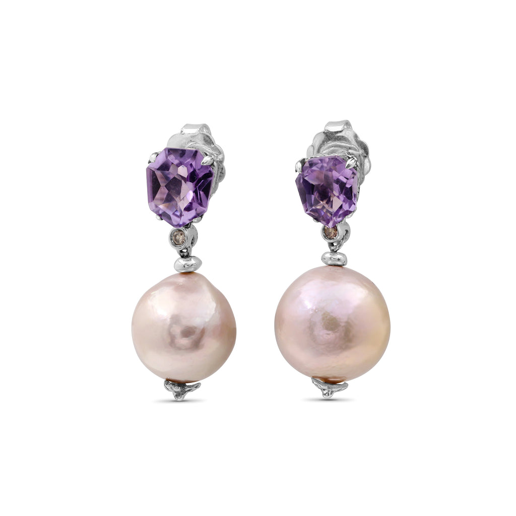 Galactical Amethyst Baroque Pearl and Champagne Diamond Drop Earrings in Sterling Silver