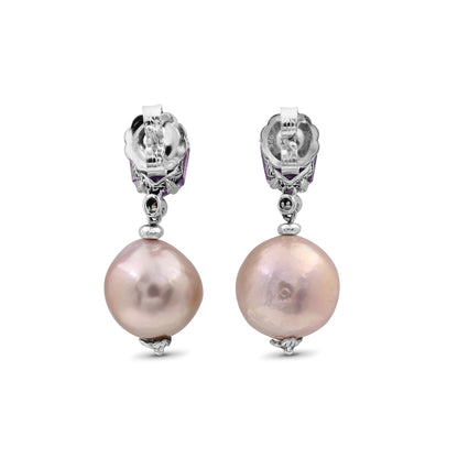 Galactical Amethyst Baroque Pearl and Champagne Diamond Drop Earrings in Sterling Silver