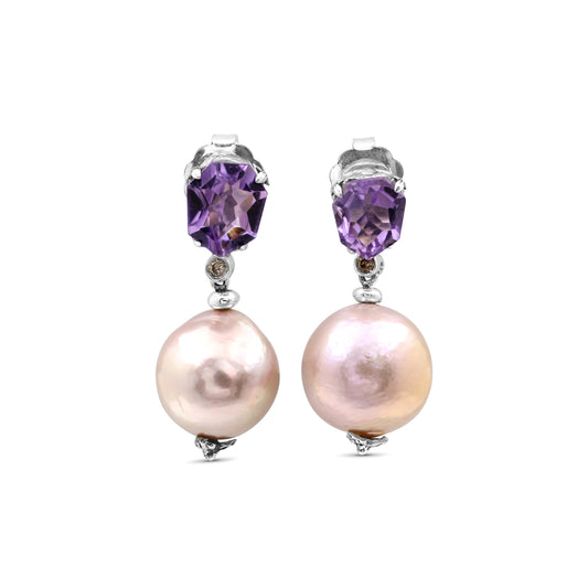 Galactical Amethyst Baroque Pearl and Champagne Diamond Drop Earrings in Sterling Silver