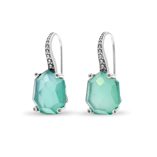 Galactical Faceted Natural Quartz Mother of Pearl Agate and Champagne Diamond Earrings in Sterling Silver