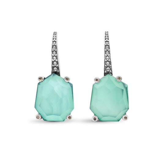 Galactical Faceted Natural Quartz Mother of Pearl Agate and Champagne Diamond Earrings in Sterling Silver