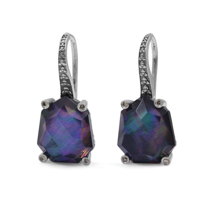 Galactical Natural Quartz Mother of Pearl and Black Agate and Champagne Diamond Earrings in Sterling Silver