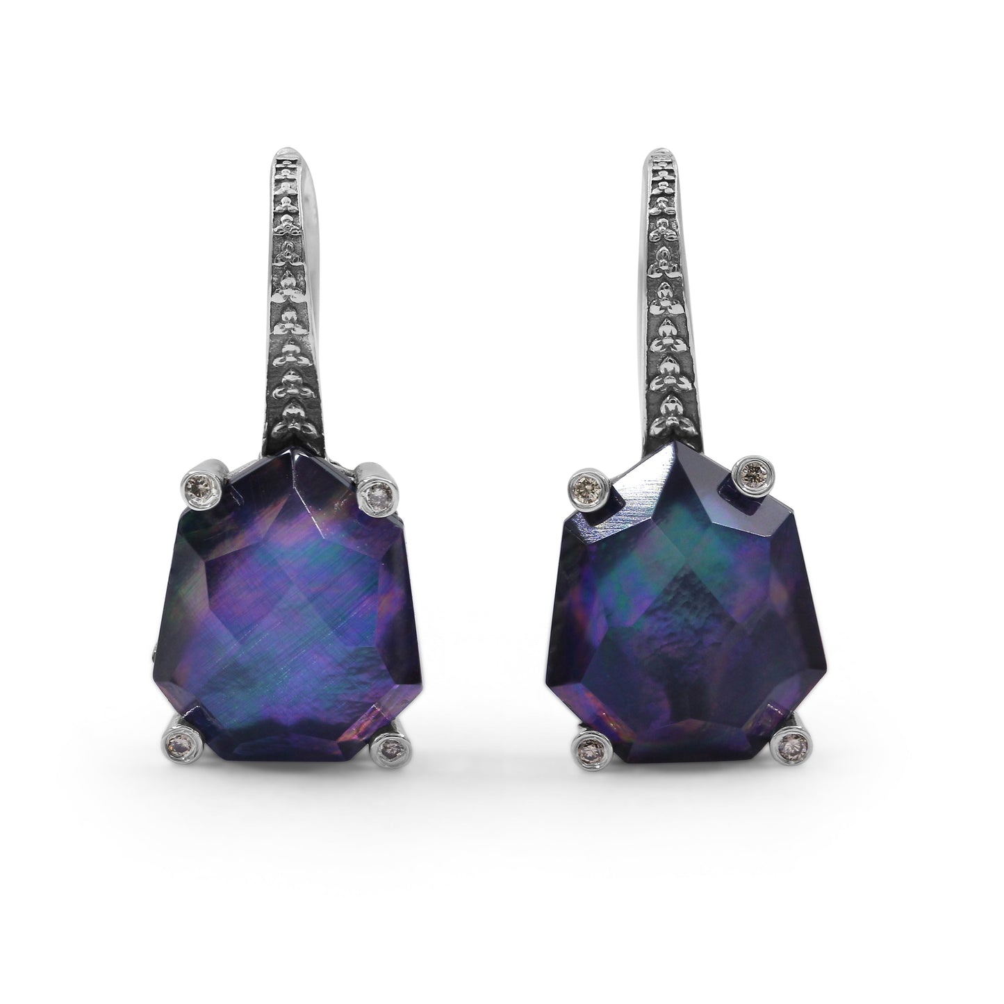 Galactical Natural Quartz Mother of Pearl and Black Agate and Champagne Diamond Earrings in Sterling Silver