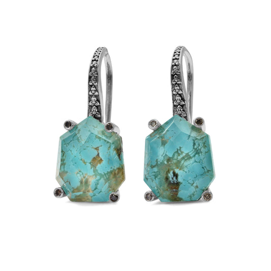 Galactical Faceted Natural Quartz Turquoise and Champagne Diamond Earrings in Sterling Silver