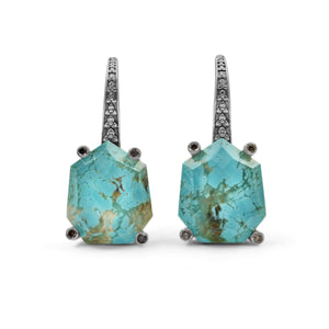 Galactical Faceted Natural Quartz Turquoise and Champagne Diamond Earrings in Sterling Silver