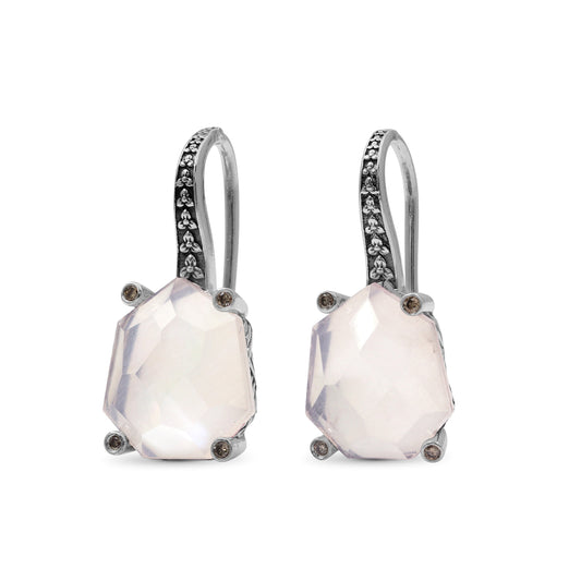 Galactical Faceted Rose Quartz and Mother of Pearl and Champagne Diamond Earrings in Sterling Silver