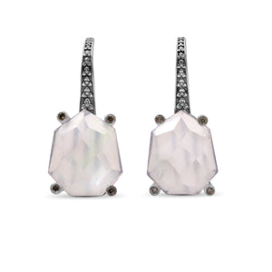 Galactical Faceted Rose Quartz and Mother of Pearl and Champagne Diamond Earrings in Sterling Silver