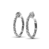 Orogento Large Sterling Silver Flower Engraved Hoop Earrings