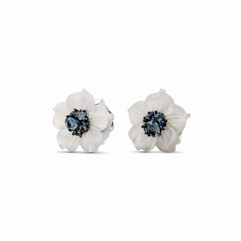 Colorbloom Hand Carved Mother of Pearl Small and Swiss Blue Topaz Earrings in Sterling Silver