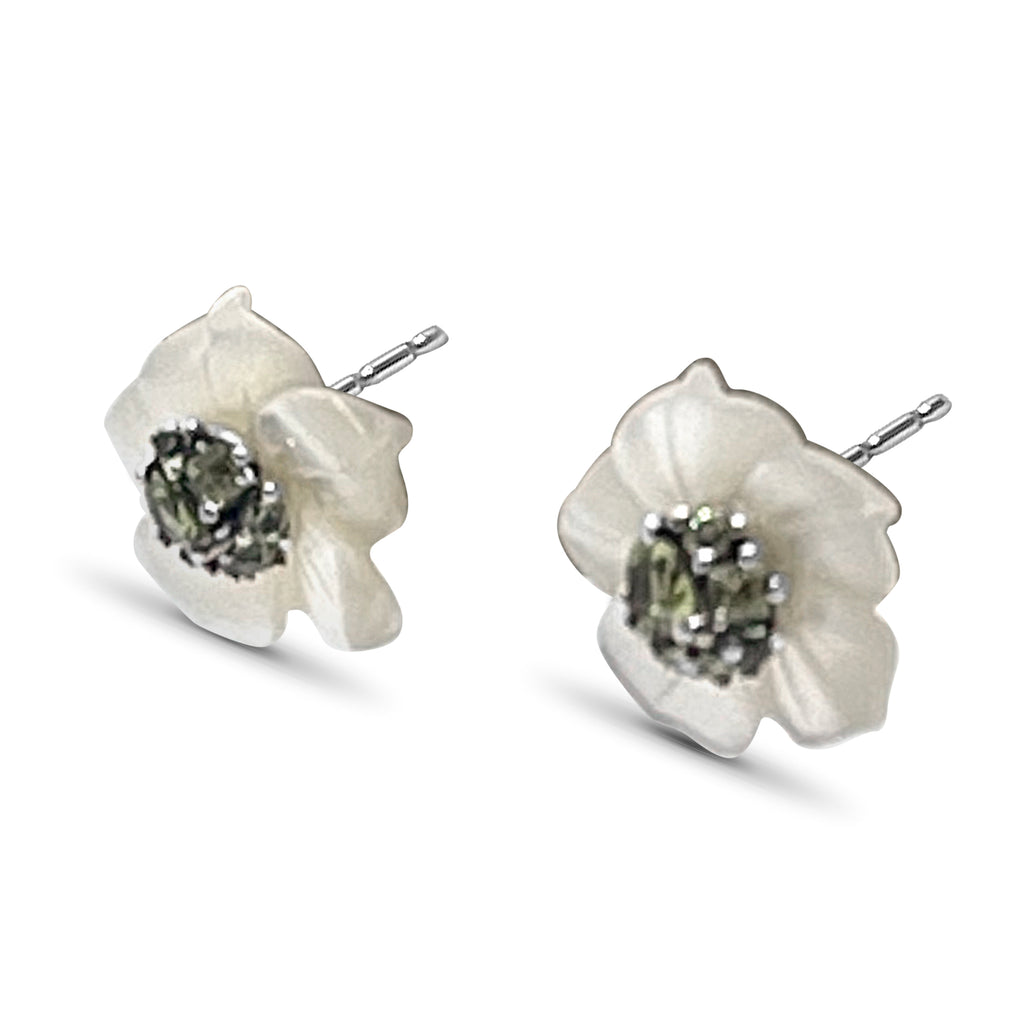 Colorbloom Hand Carved Mother of Pearl Flower Small and Peridot Earrings in Sterling Silver