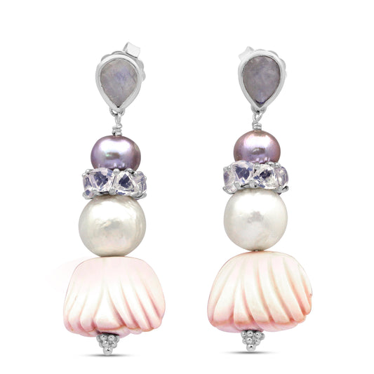 TerrAquatic Rainbow Moonstone Multi-Hued Pearl Lavender Moon Quartz and Hand Carved Conch Shell Earrings in Sterling Silver