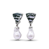 Terraquatic Zebra Jasper Baroque Pearl and Champagne Diamond in 18K Gold Bezel Earrings in Sterling Silver