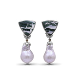 Terraquatic Zebra Jasper Baroque Pearl and Champagne Diamond in 18K Gold Bezel Earrings in Sterling Silver