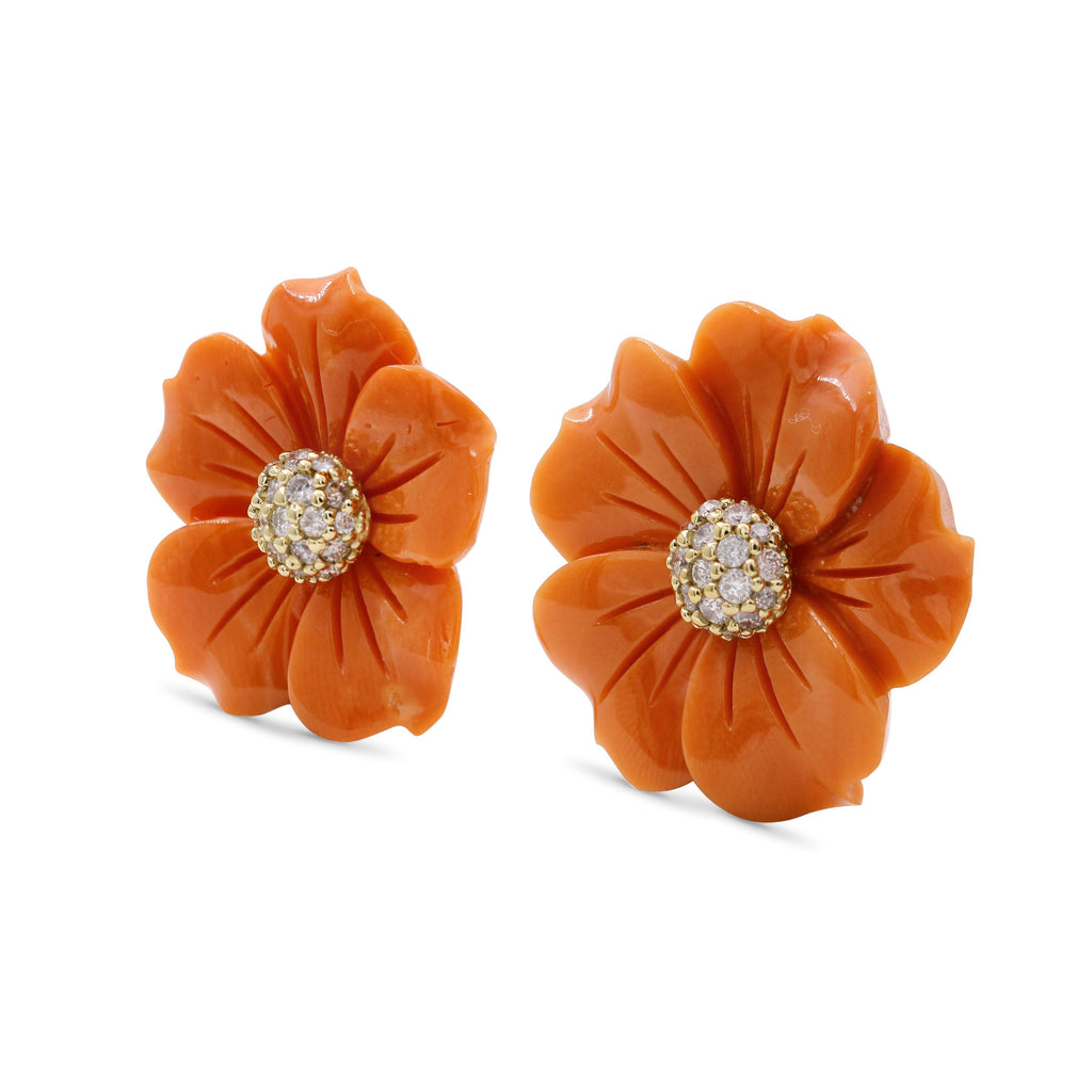 Luxury 20.40ct Flower Orange Mother of Pearl and 0.40ct White Diamond Earrings in 18K Yellow Gold