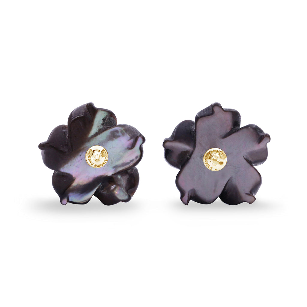 Luxury Hand Carved Dark Champagne Mother of Pearl and Diamond Earring in 18K Yellow Gold