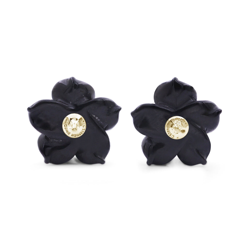 Luxury Hand Carved Black Mother of Pearl and Diamond Earrings in 18K Yellow Gold
