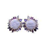 Luxury Hand Carved Blue Lace Agate 30ct Tanzanite Amethyst Chalcedony and Iolite Earrings in 18K Gold