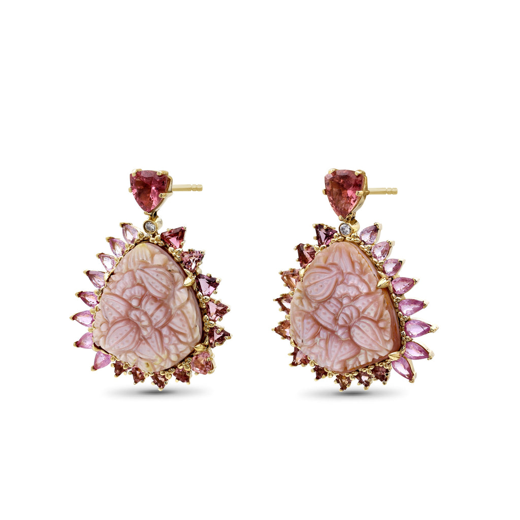 Luxury Hand Carved Mother of Pearl 35ct Pink Tourmaline Pink Sapphire and Diamond Earrings in 18K Gold