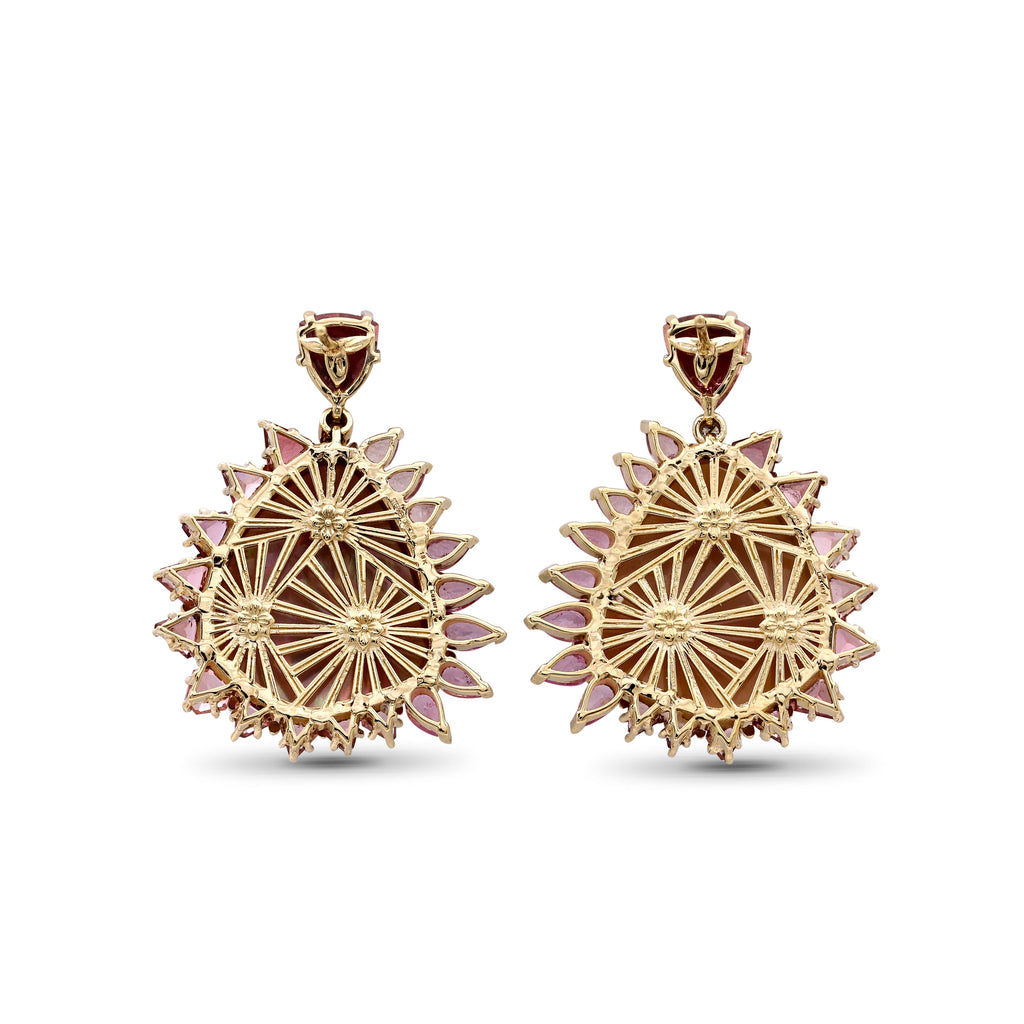 Luxury Hand Carved Mother of Pearl 35ct Pink Tourmaline Pink Sapphire and Diamond Earrings in 18K Gold