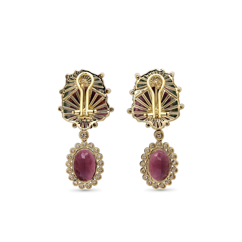 Luxury Hand Carved Watermelon Tourmaline Faceted Pink Tourmaline and Diamond 1.15ct Earrings in 18K Gold