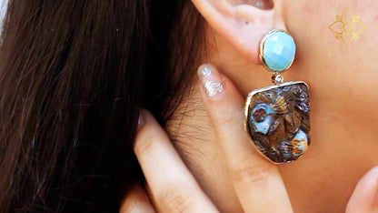 Luxury Turquoise Hand Carved Boulder Opal and Diamond 0.20ct Earrings in 18K Gold