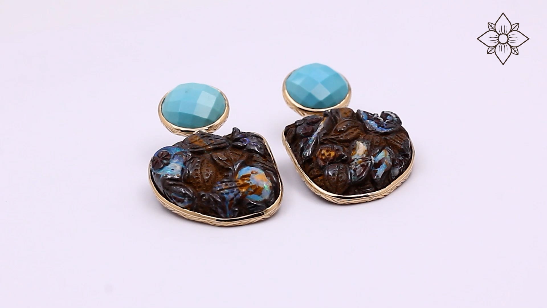 Turquoise Hand Carved Boulder Opal and Diamond 0.20ct Earring in