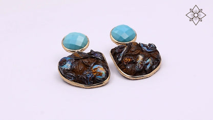 Luxury Turquoise Hand Carved Boulder Opal and Diamond 0.20ct Earrings in 18K Gold