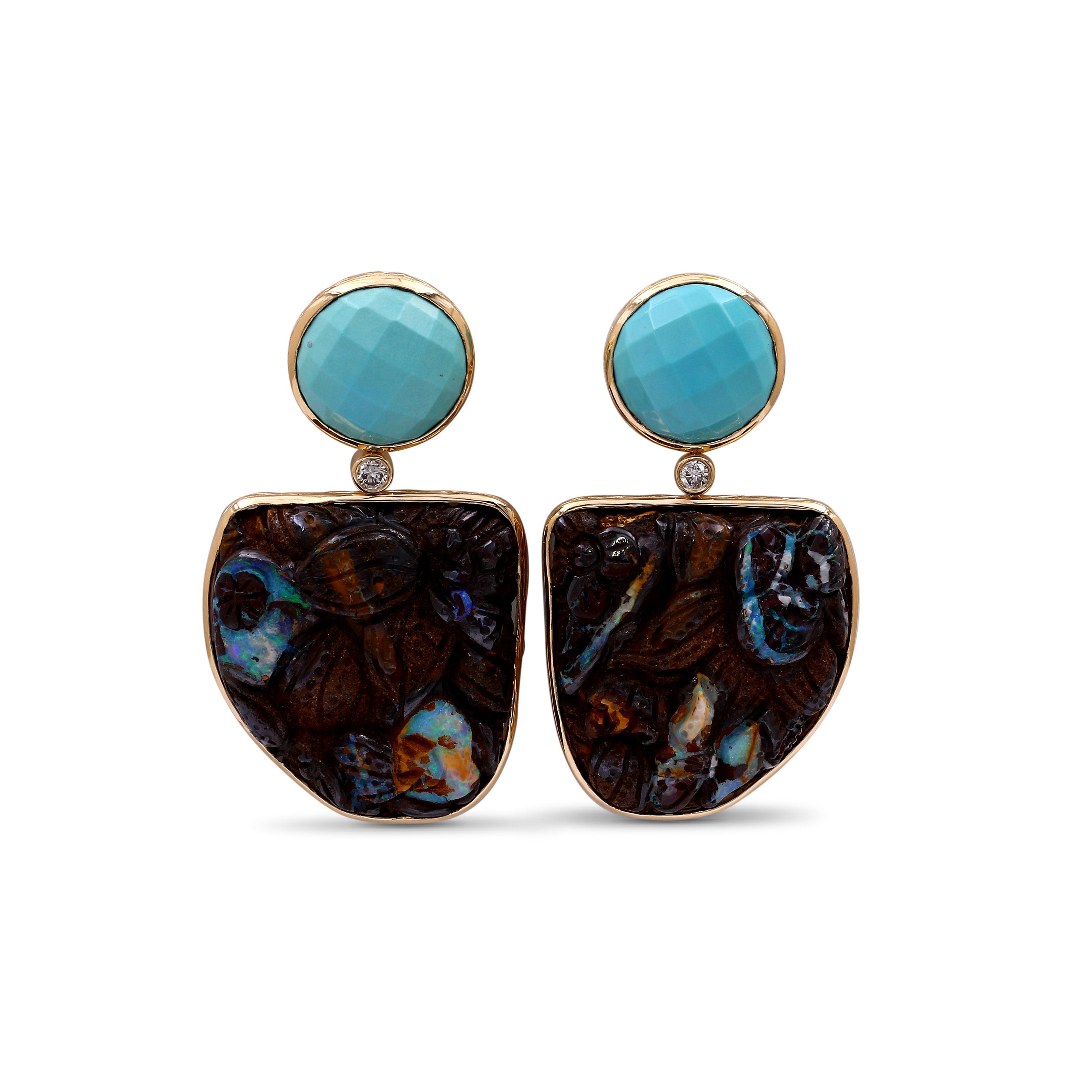 Turquoise Hand Carved Boulder Opal and Diamond 0.20ct Earring in