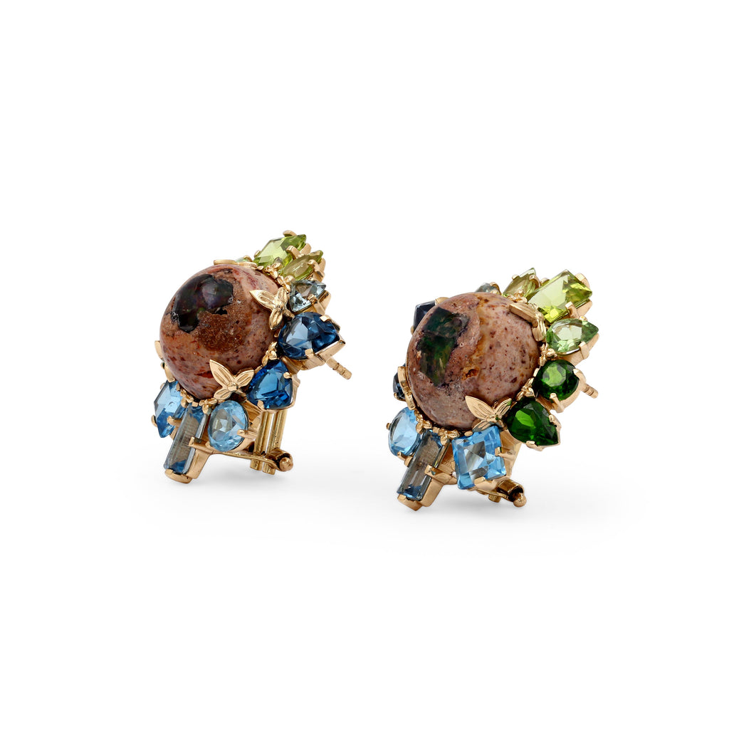 Luxury Matrix Opal Tourmaline Chrome Diopside Peridot London and Swiss Blue Topaz Earrings in 18K Gold