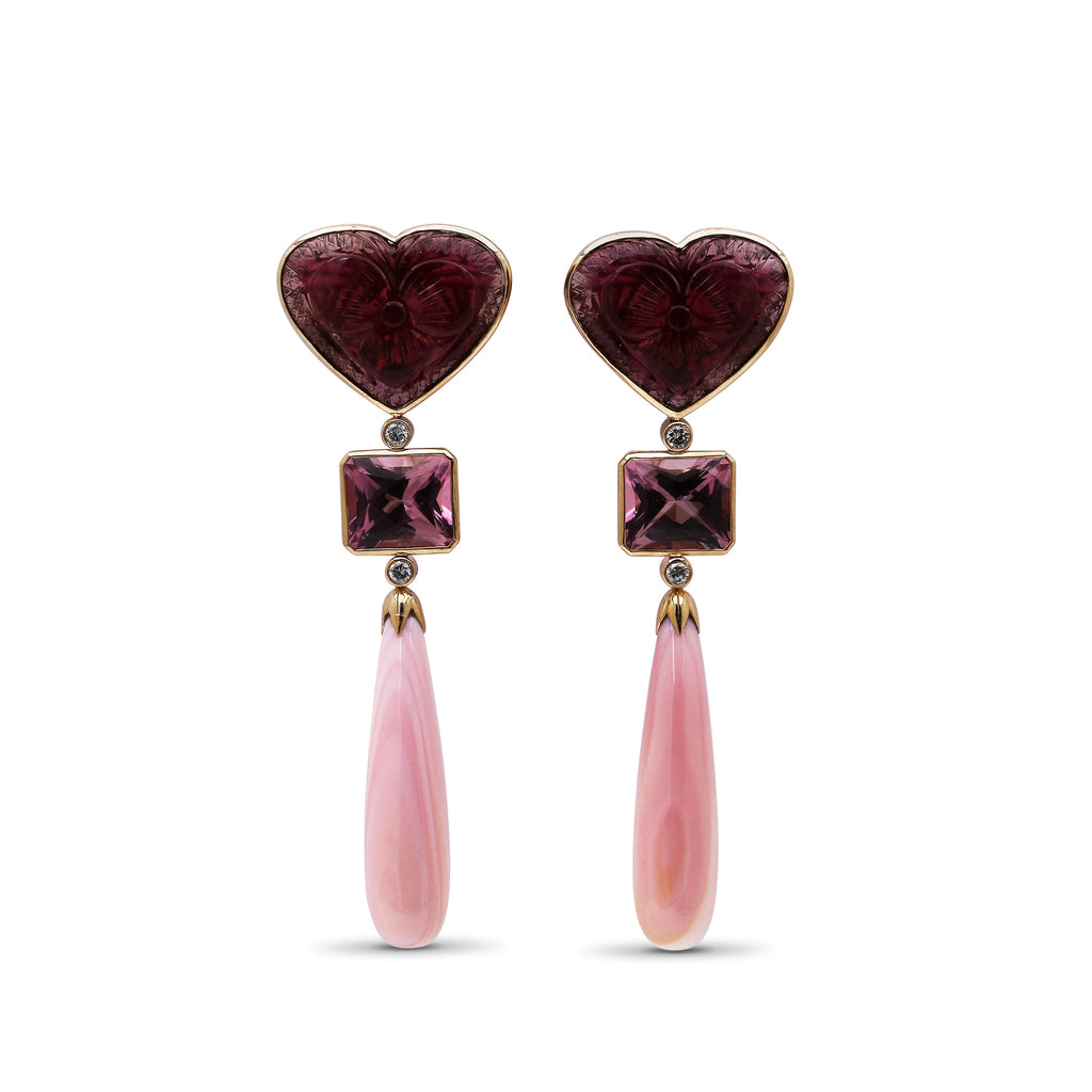 Luxury Hand Carved and Faceted Pink Tourmaline Conch Shell and Diamond 0.40ct Earrings in 18K Gold