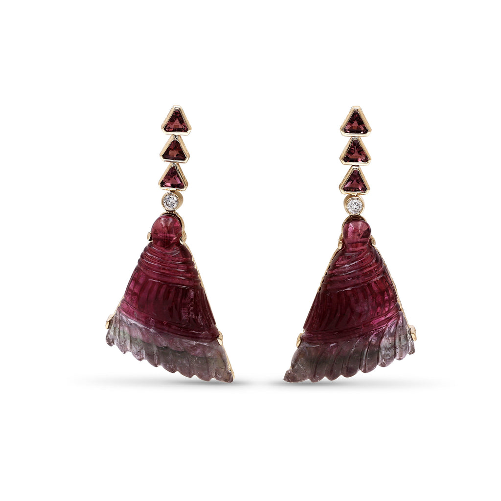 Luxury Hand Carved and Faceted Watermelon Tourmaline 61ct and Diamond 0.20ct Earrings in 18K Gold