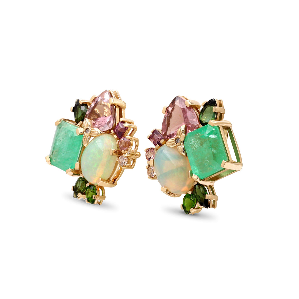 Luxury Colombian Emerald Opal Tourmaline Chrome Diopside and Diamond Earrings in 18K Gold