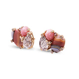 Luxury Hand Carved Pink Opal Laguna Agate Black Hair Rutilated Quartz Pink Tourmaline and Diamond Earrings in 18K Gold