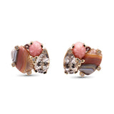 Luxury Hand Carved Pink Opal Laguna Agate Black Hair Rutilated Quartz Pink Tourmaline and Diamond Earrings in 18K Gold
