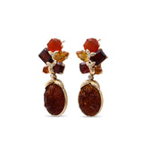 Luxury Hand Carved Amber Fire Opal Garnet Citrine and Diamond Earrings in 18K Gold