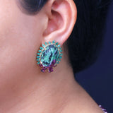 Luxury Hand Carved Ruby Zoisite 68ct Emerald 4.3ct and Rhodolite Garnet 3ct Earrings in 18K Gold
