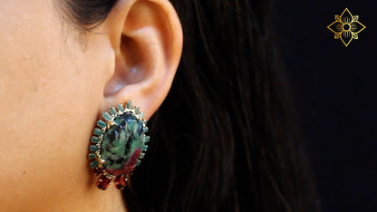 Luxury Hand Carved Ruby Zoisite 68ct Emerald 4.3ct and Rhodolite Garnet 3ct Earrings in 18K Gold