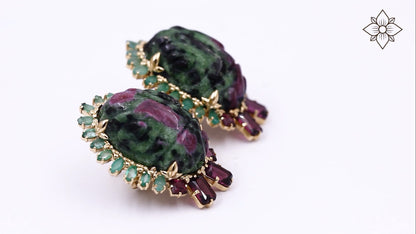 Luxury Hand Carved Ruby Zoisite 68ct Emerald 4.3ct and Rhodolite Garnet 3ct Earrings in 18K Gold