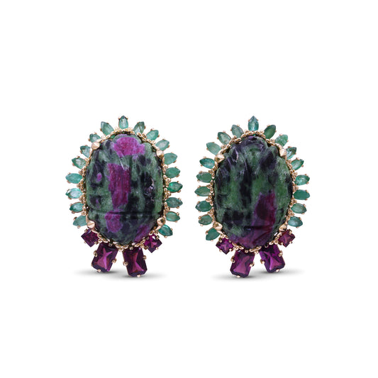 Luxury Hand Carved Ruby Zoisite 68ct Emerald 4.3ct and Rhodolite Garnet 3ct Earrings in 18K Gold