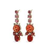 Luxury Pink Tourmaline Carved Red Coral Fire Opal and Diamond 0.31ct Earrings in 18K White Gold